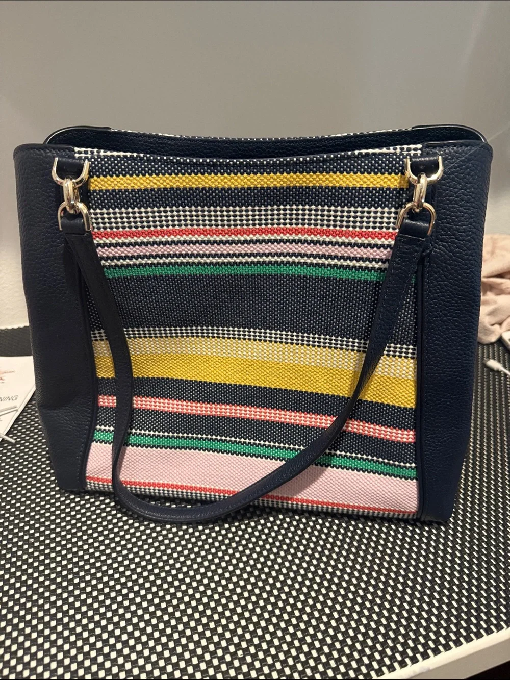 Striped Canvas Tote Bag with Navy Trim
